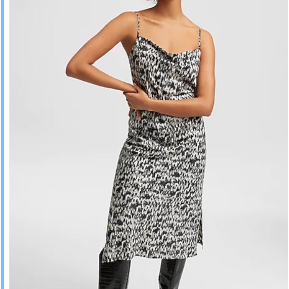 Abstract Print Satin Cowl Neck Midi Slip Dress